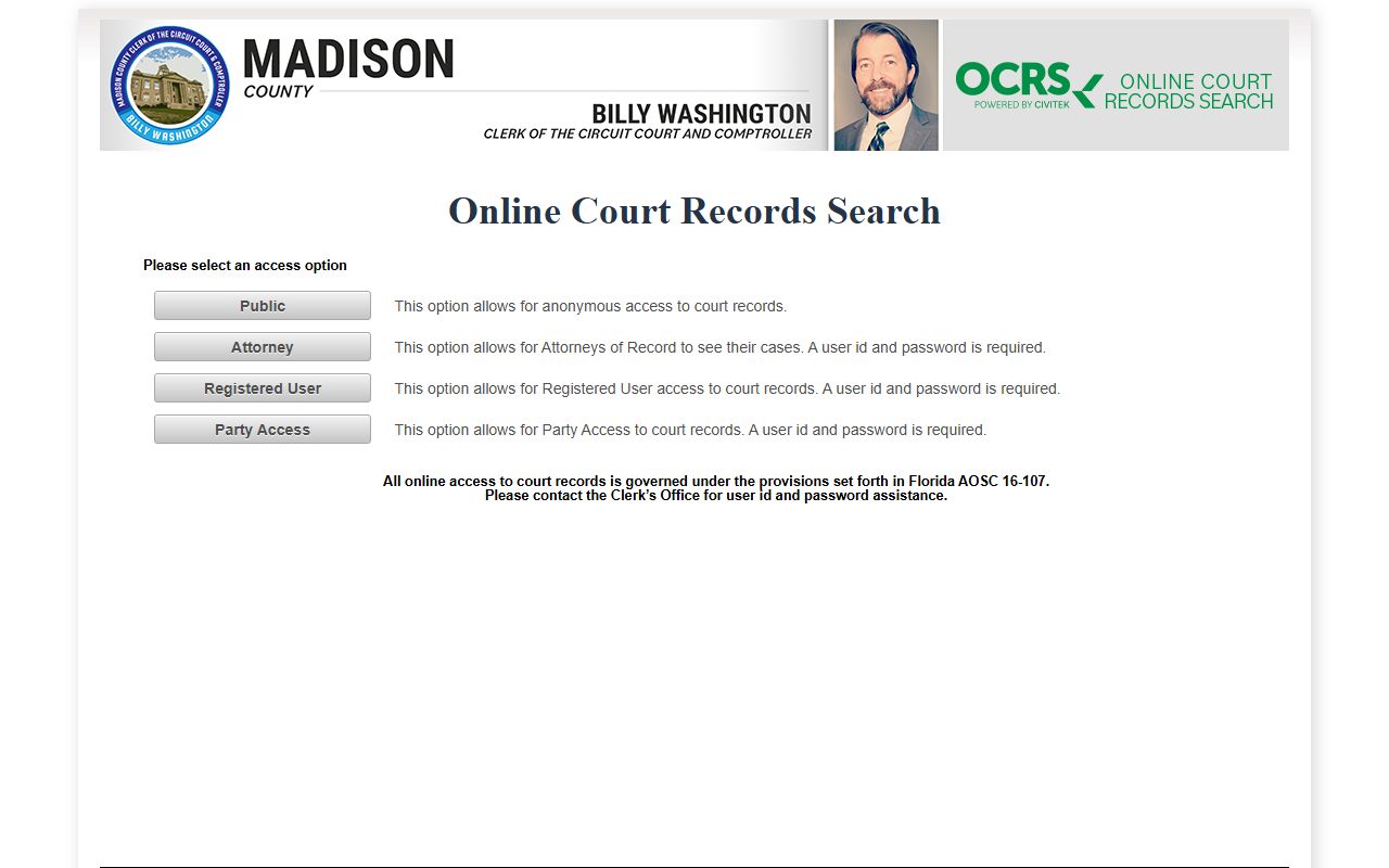 Madison County Civitek OCRS court records access selection page after a jail arrest