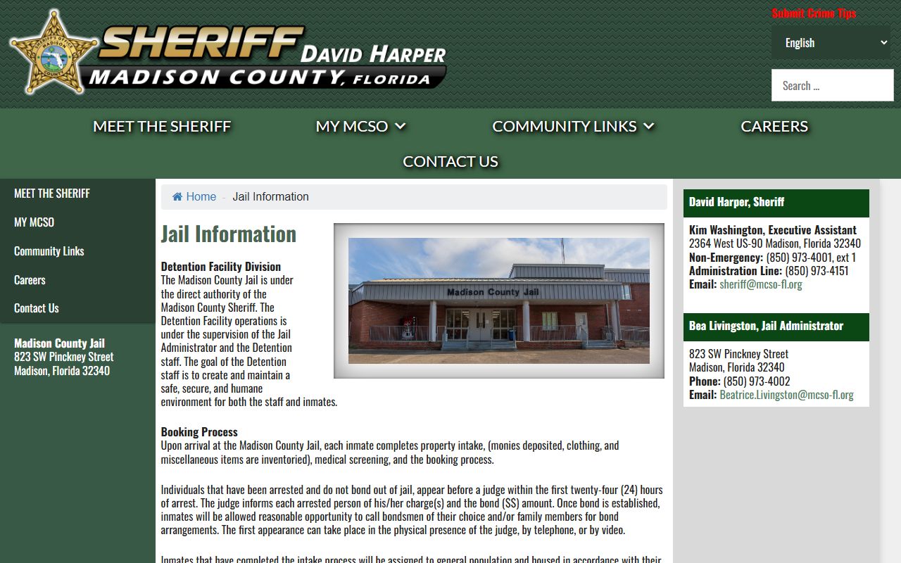 Madison County Jail information page with inmate population details