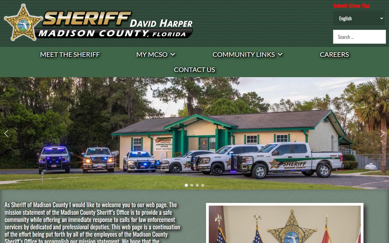 Madison County Sheriff's Office homepage with links to the jail inmate population search
