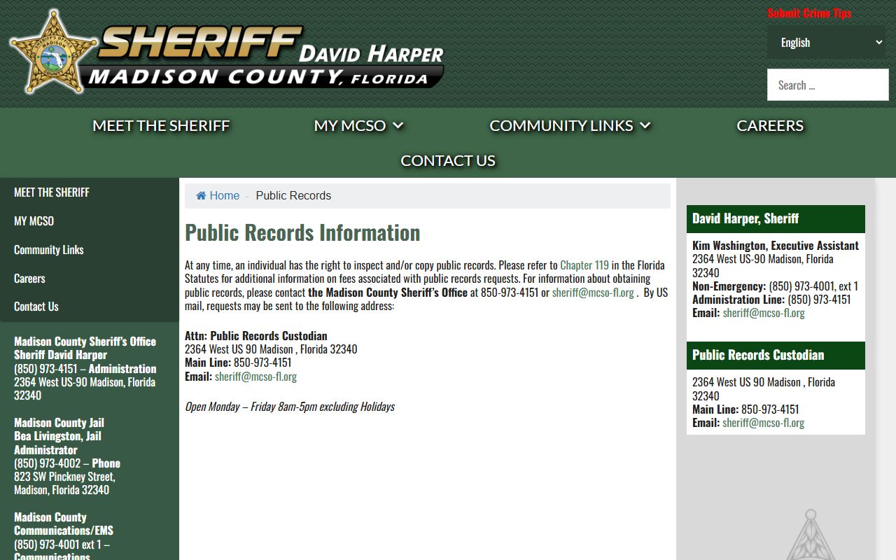 Madison County Sheriff's Office public records page for booking photo requests