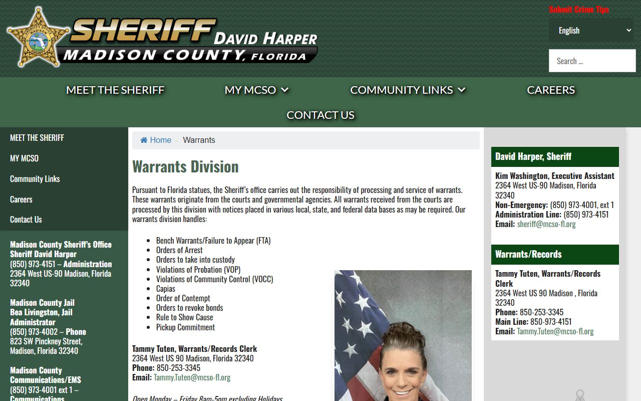 Madison County Sheriff warrants page with warrant categories that lead to an arrest