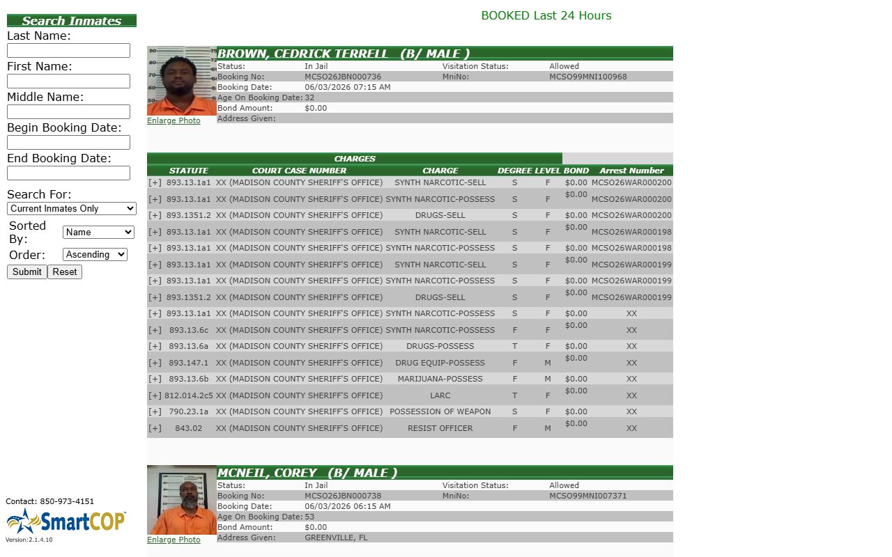 Madison County SmartWEB jail roster search form for the inmate population
